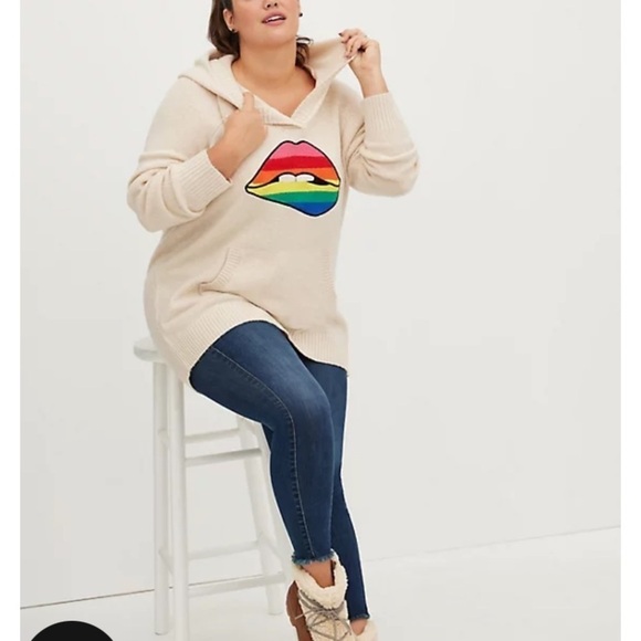 torrid hooded sweater rainbow lips pullover large nwt jumper cream new - Picture 11 of 11